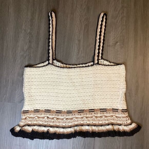 American Eagle Crochet Crop Top Cream and Brown Spaghetti Strap Bow Size M - Picture 2 of 7